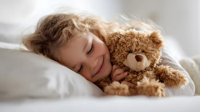Mädchen schläft beschützt mit Teddybär im Bett