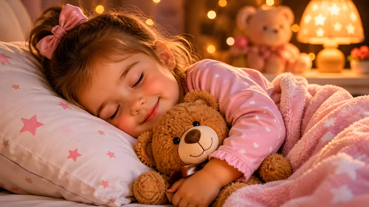 Mädchen schläft lächelnd mit Teddybär im Bett