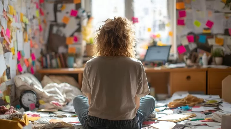 Mädchen sitzt im chaotischen Arbeitszimmer mit Notizen