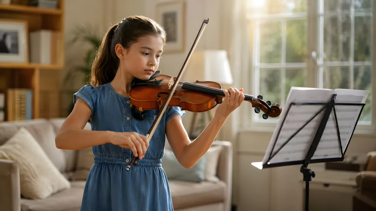 Mädchen spielt konzentriert Geige im Wohnzimmer