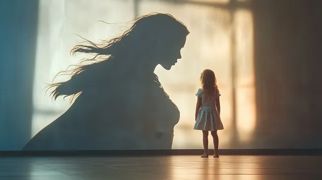 Mädchen steht vor Silhouette einer Superheldin