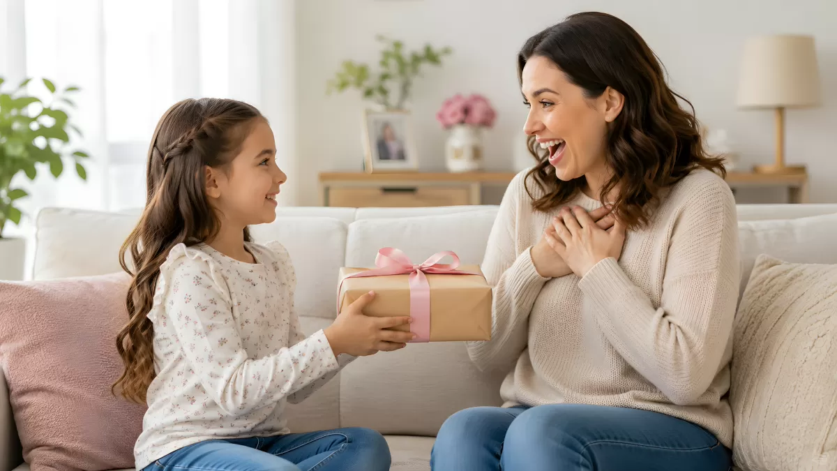 Mädchen überreicht Mutter ein Geschenk im Wohnzimmer