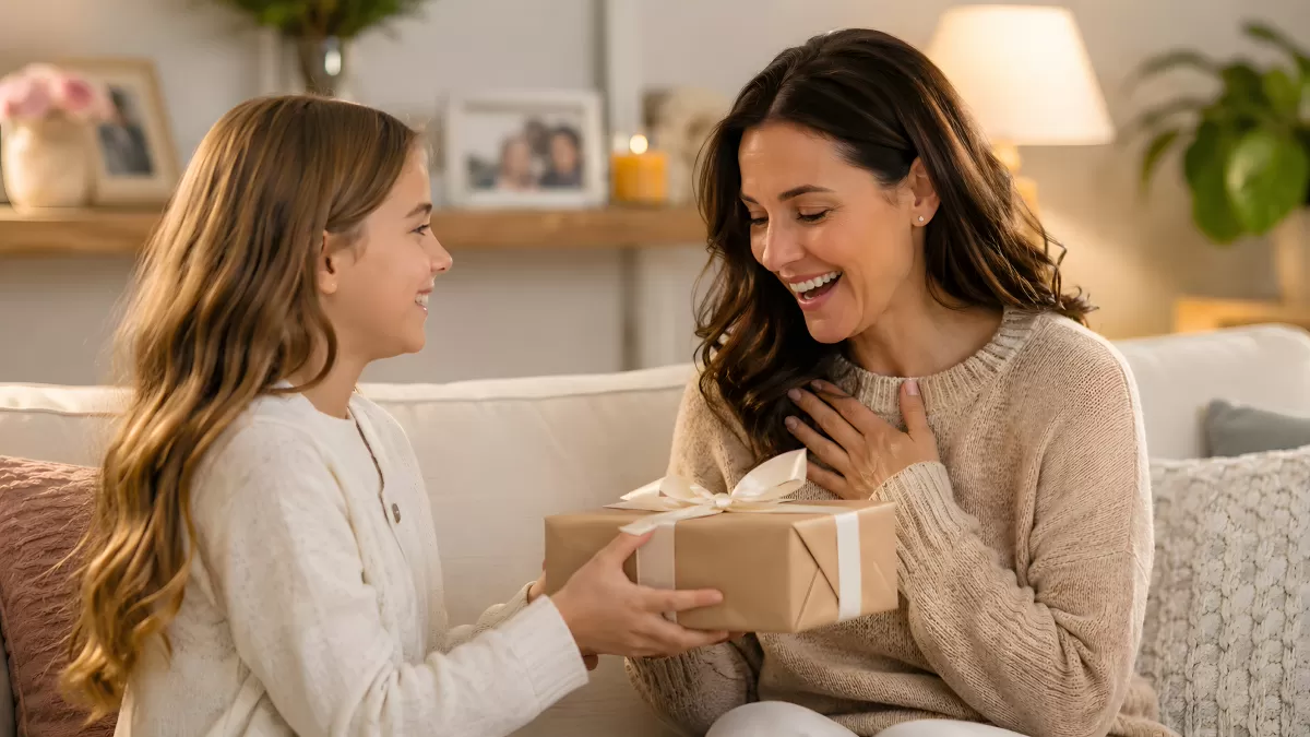 Mädchen überreicht Mutter liebevoll ein Geschenk