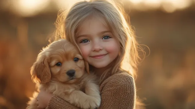 Mädchen umarmt Welpen bei Sonnenuntergang