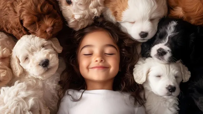 Mädchen umgeben von schlafenden Hunden