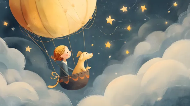 Mädchen und Hund fliegen nachts im Heißluftballon über Wolken