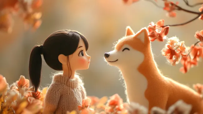 Mädchen und Shiba-Inu-Hund in herbstlicher Szene