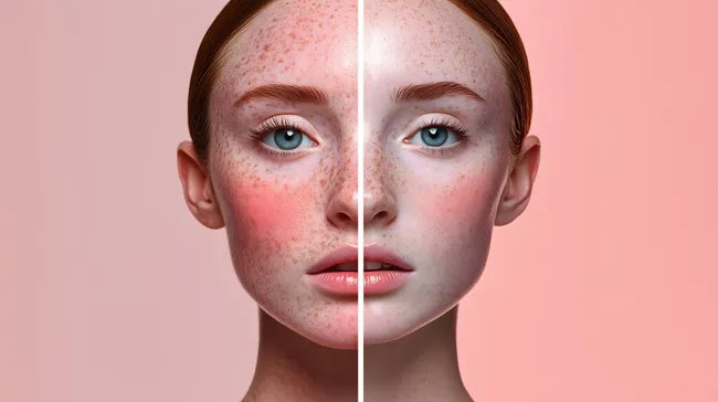 Mädchengesicht mit Sommersprossen im Vorher-Nachher-Vergleich