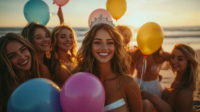 Mädels-Party am Strand mit Luftballons