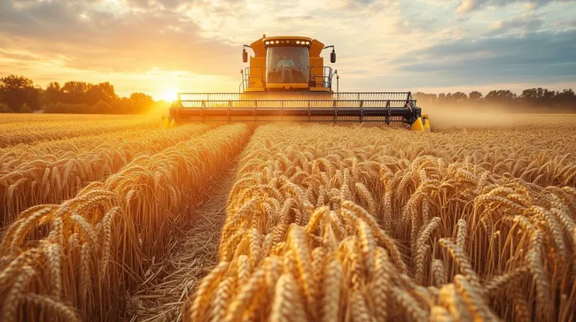 Mähdrescher bei Sonnenuntergang auf goldenem Weizenfeld