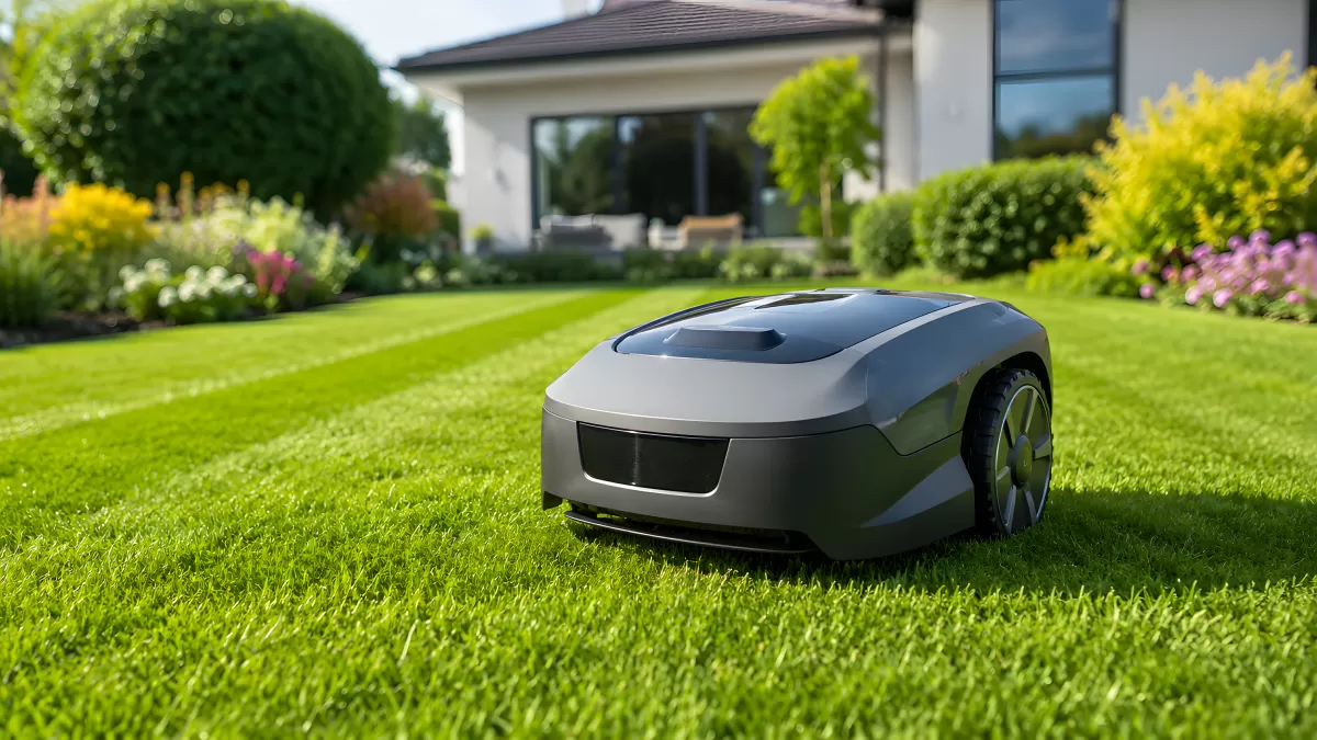 Mähroboter auf gepflegtem Rasen im Hausgarten