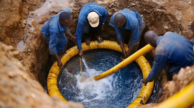 Männer in Overalls bauen Brunnen mit Wasserschläuchen