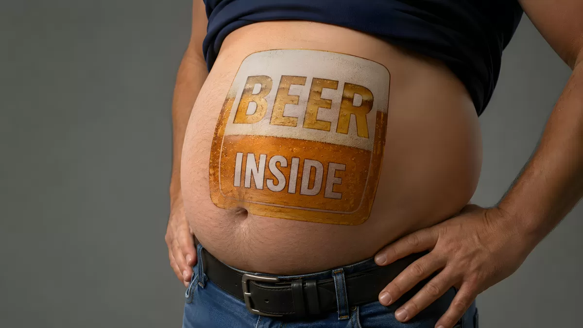 Männerbauch mit Bier-Inside-Aufschrift als Witz