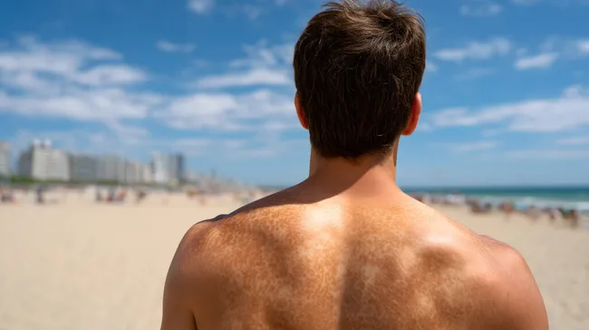 Männerrücken mit Sonnenbrand am Sandstrand