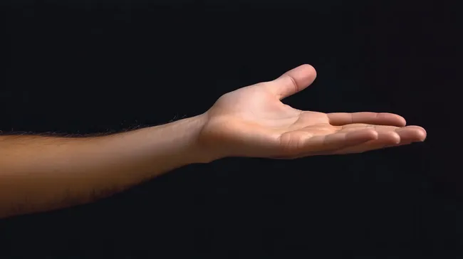 Männliche Hand in offener Geste vor dunklem Hintergrund