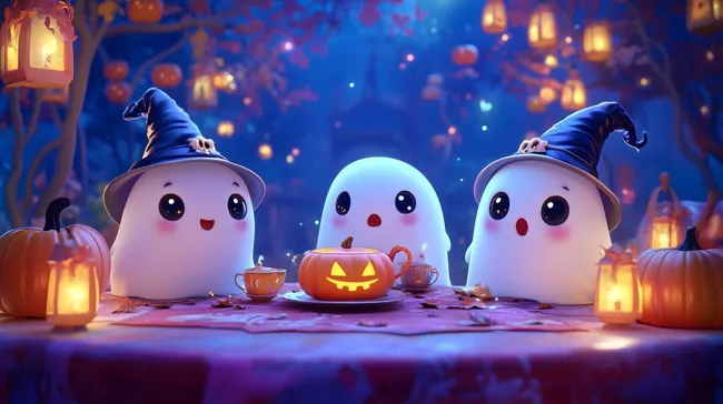 Märchenhafte Halloween-Atmosphäre mit niedlichen Geistern