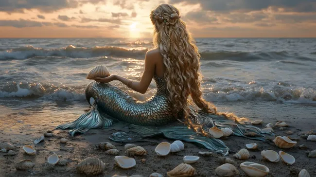Märchenhafte Meerjungfrau am Strand bei Sonnenuntergang