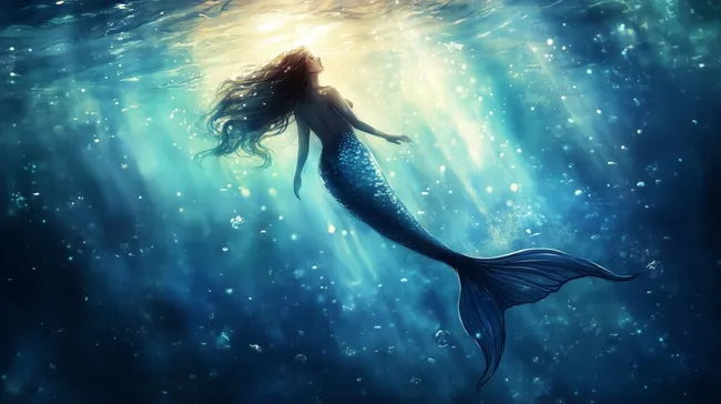 Märchenhafte Meerjungfrau in blaugrüner Unterwasserwelt