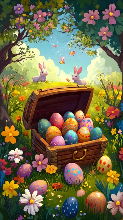 Märchenhafte Osterlandschaft mit Osterhasen und bunten Eiern