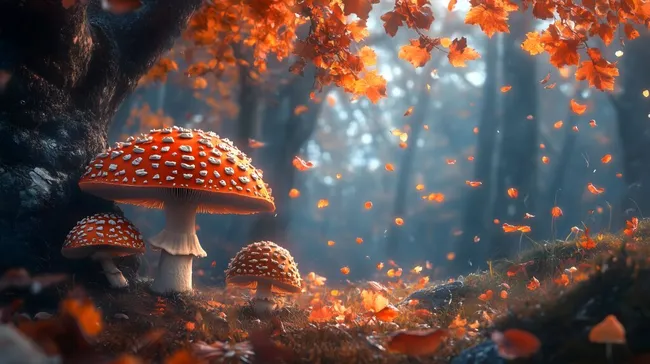 Märchenhafte Pilze im bunten Herbstwald