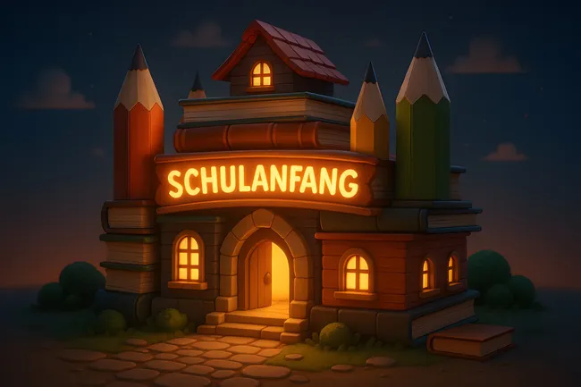 Märchenhafte Schule bei Nacht aus Büchern und Stiften