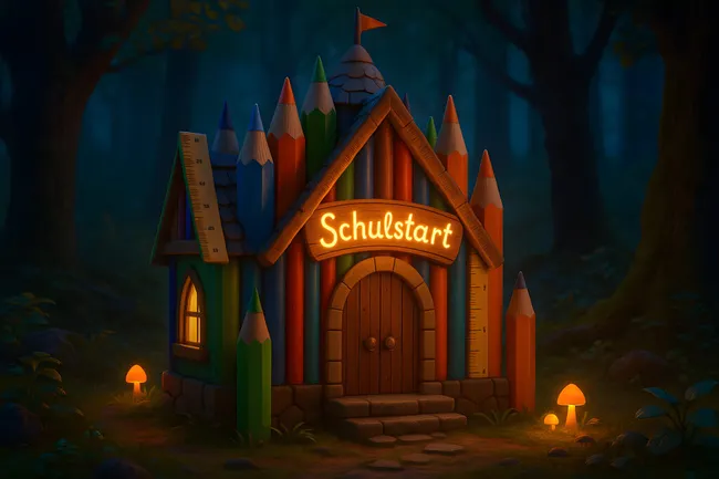 Märchenhafte Schulhausfassade bei Nacht