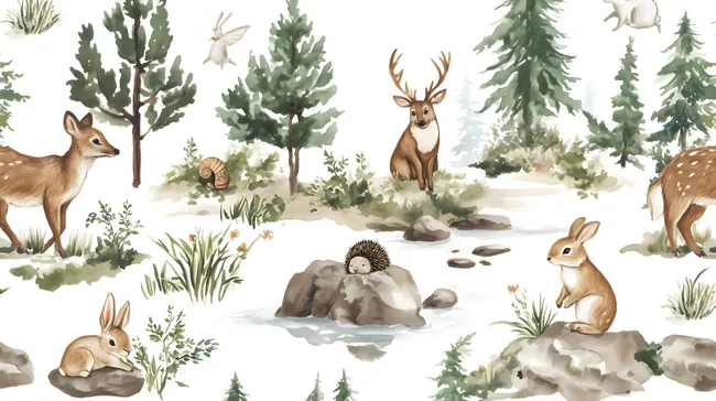 Märchenhafte Waldszene mit Rehen und Igel
