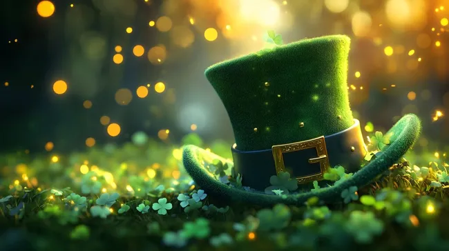 Märchenhafter Koboldmütze mit Kleeblättern und Bokeh