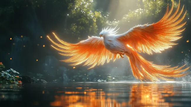 Märchenhafter orangefarbener Phönix im Dschungel