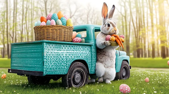 Märchenhafter Osterhase mit bunten Eiern im Frühling