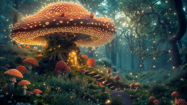 Märchenhafter Pilzwald mit leuchtenden Pilzen