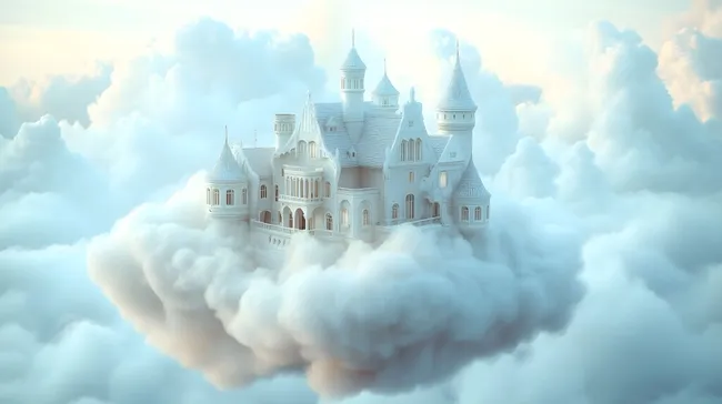 Märchenhaftes Schloss in den Wolken - Fantastisches Stockfoto