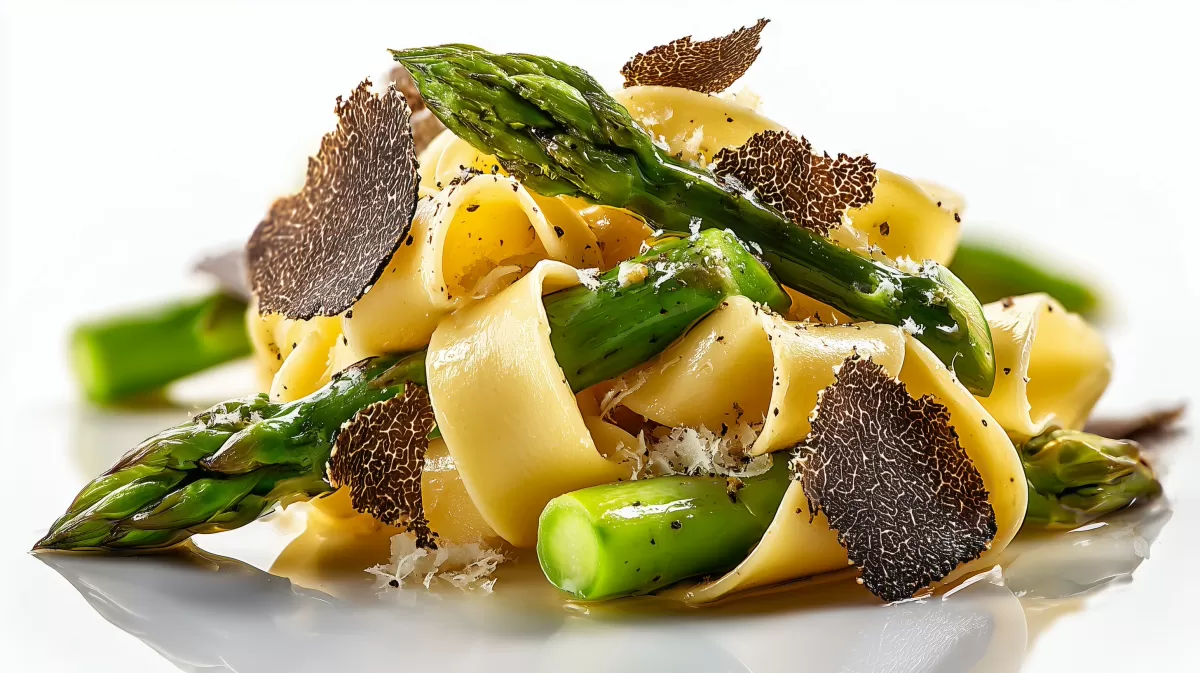 Mafalde mit Spargel und Trüffel auf weißem Teller