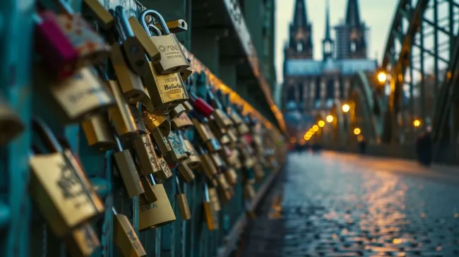 Magisch beleuchtete Hohenzollernbrücke in Köln mit Liebesschlössern