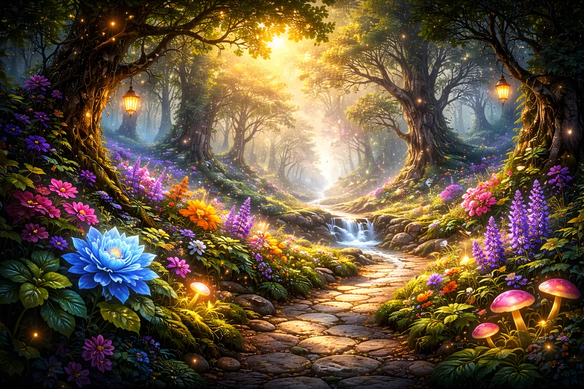 Magischer Waldpfad mit leuchtenden Blumen und Laternen