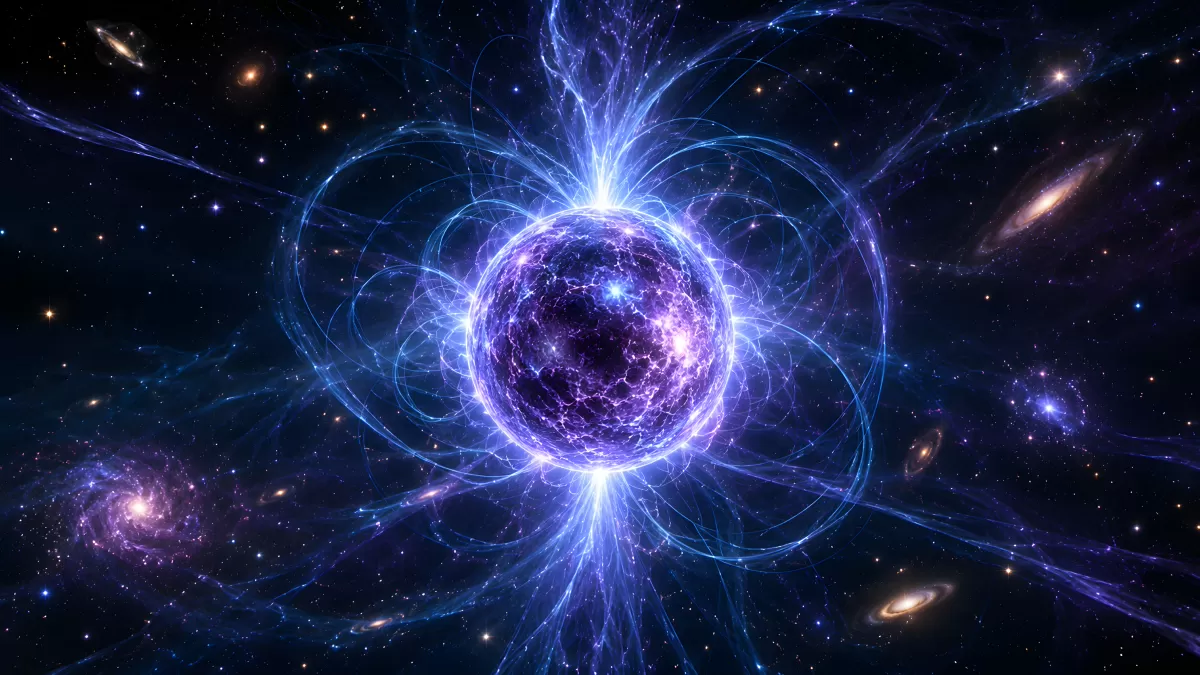 Magnetar mit leuchtenden Feldlinien im Weltall