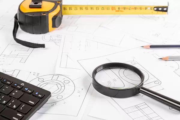 Magnifier, measuring tape, keyboard and pencils on the background of drawings