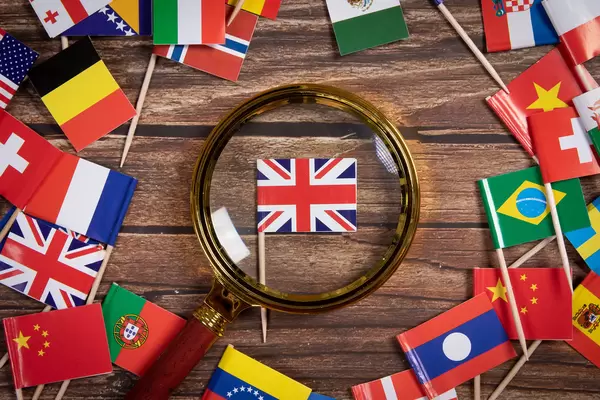 Magnifying glass on the flag of United Kingdom