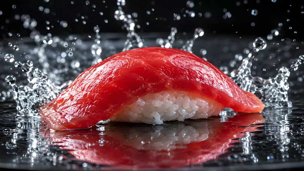 Maguro-Nigiri-Sushi mit Wasserspritzern auf dunklem Untergrund