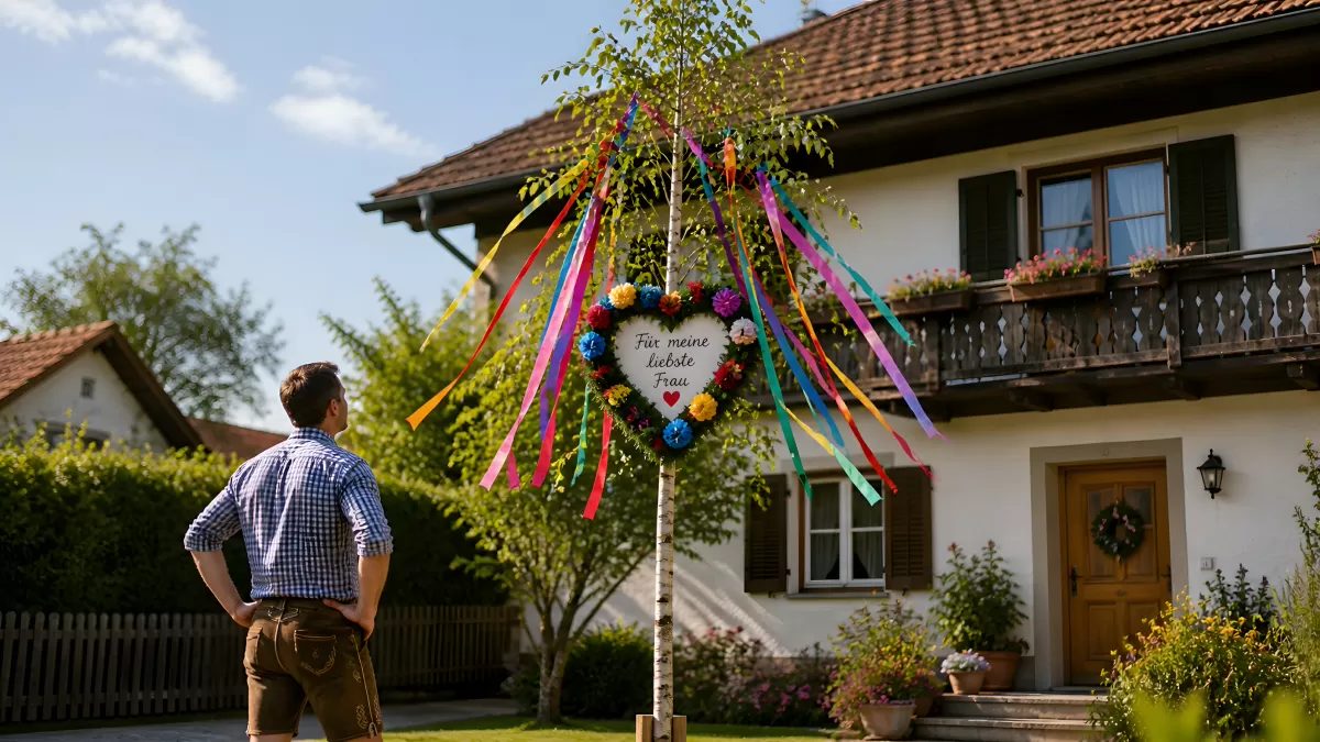 Maibaum mit bunten Bändern vor bayerischem Bauernhaus