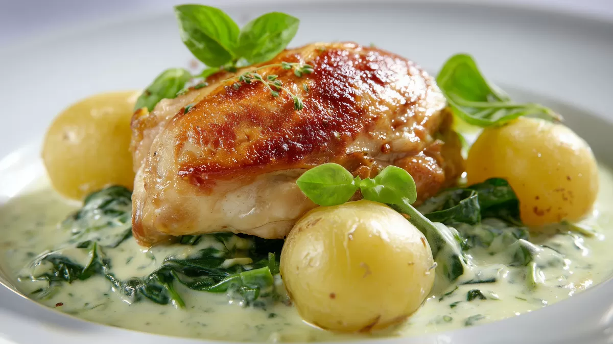 Maibock Hähnchen mit Bärlauchsauce und Kartoffeln