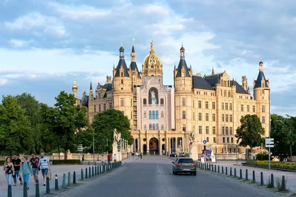 Main entrance to the Schwerin Castle with bridge and the road in front of it
