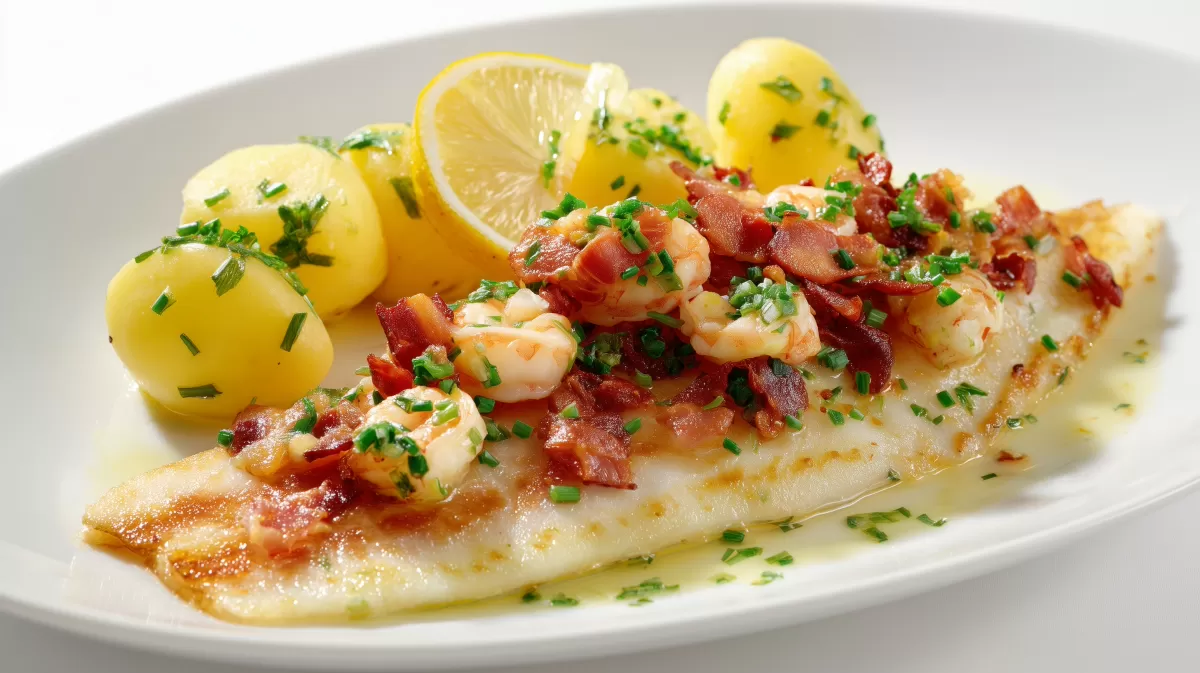 Maischolle Finkenwerder Art mit Garnelen und Kartoffeln