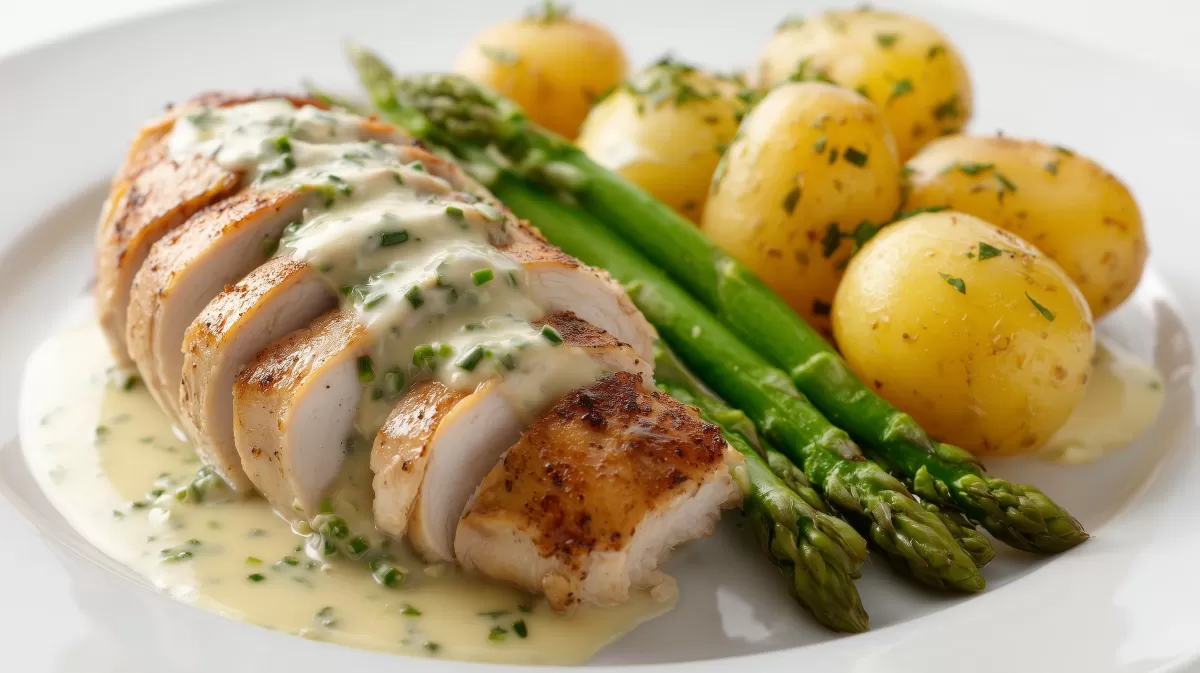 Maispoulardenbrust mit Estragonsauce und Spargel