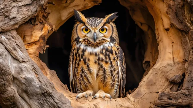 Majestätische Eule in Baumhöhle mit natürlichem Hintergrund