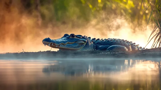 Majestätischer Alligator in nebliger Naturlandschaft