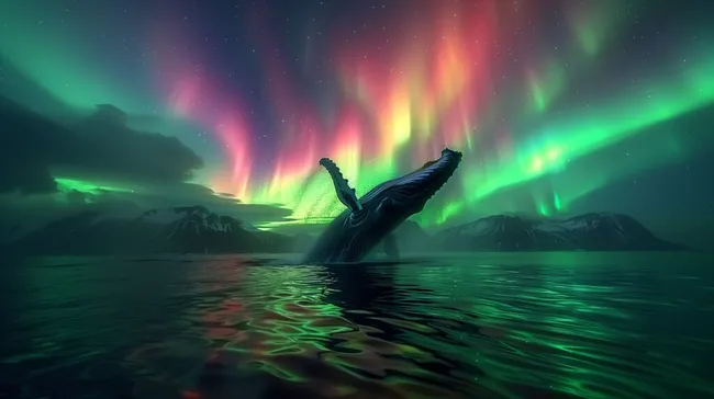 Majestätischer Buckelwal unter Aurora Borealis