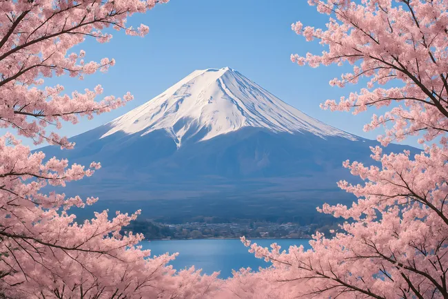 Majestätischer Fuji-Vulkan mit Kirschblüten im Frühling