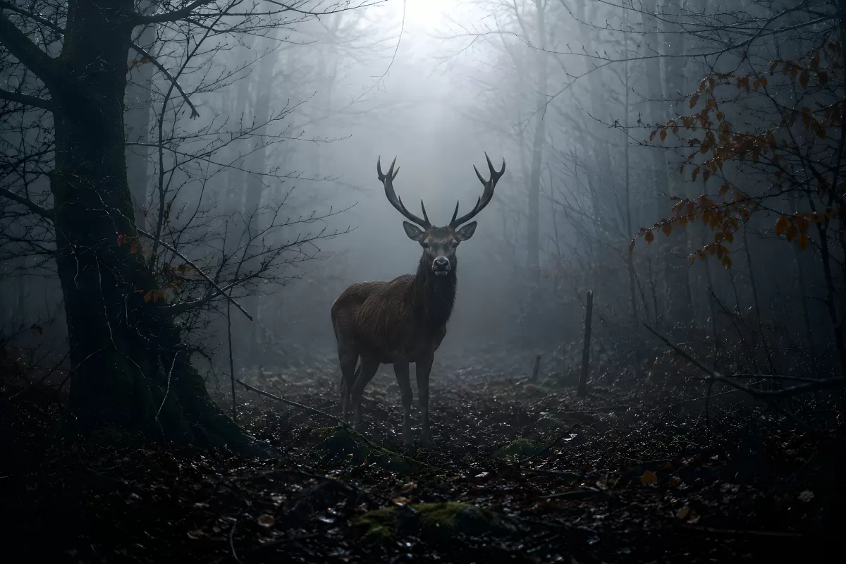 Majestätischer Hirsch im nebligen Herbstwald