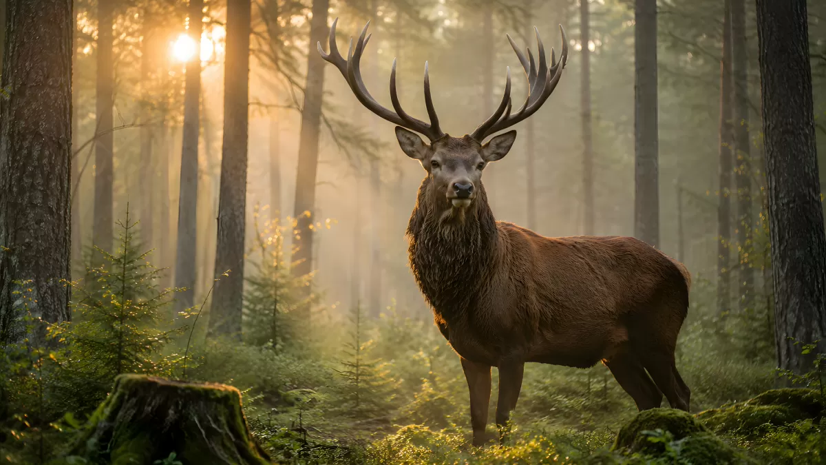 Majestätischer Hirsch im nebligen Morgenwald